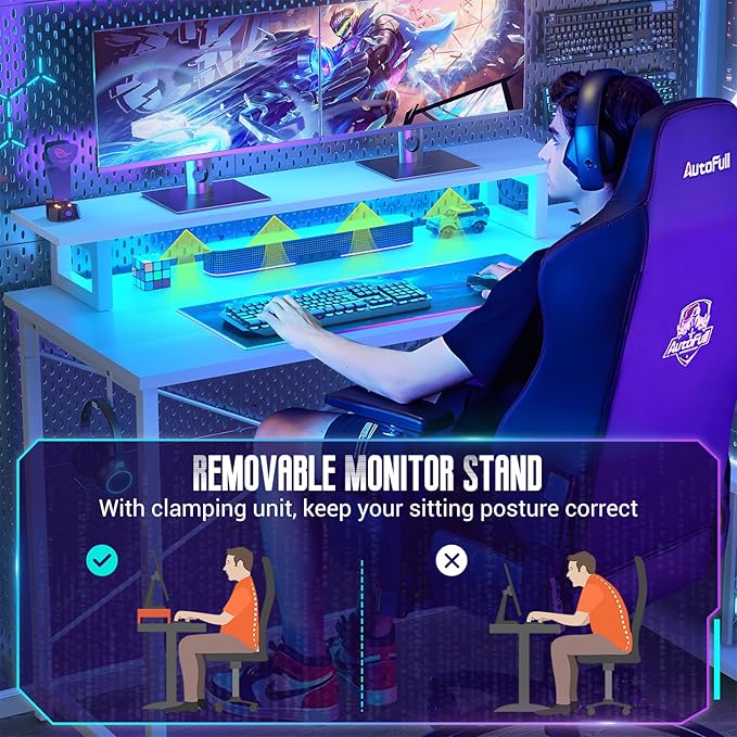 Homieasy L Shaped Gaming Desk with Power Outlet & LED Light, 55 Inch Computer Desk with Storage Shelves, Reversible Corner Desk with Monitor Stand Headset Hooks for Home Office, White - LeafyLoom