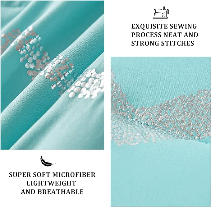 Aqua Comforter Set Twin Size, Metallic Teal and Silver Bedding Set, 3 Piece Lightweight Microfiber Comforter for Teen Girls Boys Women (1 Pillow Case + 1 Decorative Pillow Sham) - LeafyLoom