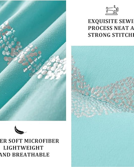 Aqua Comforter Set Queen Size Metallic Teal and Silver Bedding Set, 4 Piece Lightweight Microfiber Bed Set for Teen Girls Women (2 Pillow Shams + 1 Decorative Pillow Sham) - LeafyLoom