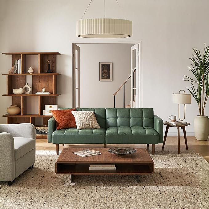 mopio Aaron Couch, Small Sofa, Futon, Sofa Bed, Sleeper Sofa, Loveseat, Mid Century Modern Futon Couch, Sofa Cama, Couches for Living Room, Bedroom (Sage Green, Faux Leather) - LeafyLoom
