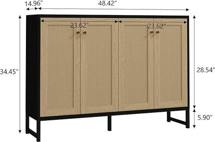 Panana Sideboard Accent Storage Cabinet with Rattan Decorated 4 Doors Dining Room Freestanding Kitchen Buffet Table Cupboard (Black) - LeafyLoom