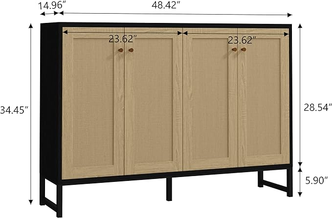 Panana Sideboard Accent Storage Cabinet with Rattan Decorated 4 Doors Dining Room Freestanding Kitchen Buffet Table Cupboard (Black) - LeafyLoom