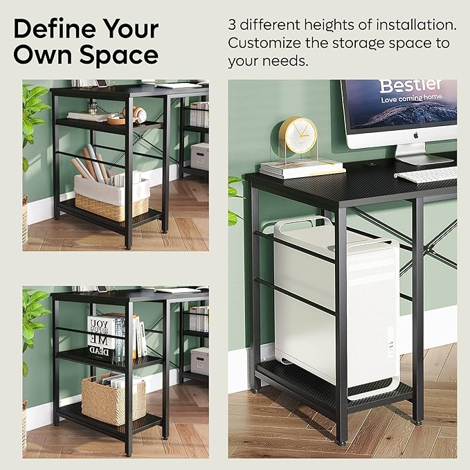 Bestier L Shaped Gaming Desk with Shelves 95.2 Inch Reversible Corner Computer Desk or 2 Person Long Table for Home Office Large Writing Storage Workstation P2 Board with 3 Cable Holes, Carbon Fiber - LeafyLoom