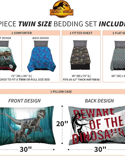 Jurassic World Dominion Blue Velociraptor and Rexy T-Rex Super Soft Microfiber Reversible Comforter, Twin Size, Bedding by Franco Kids - LeafyLoom