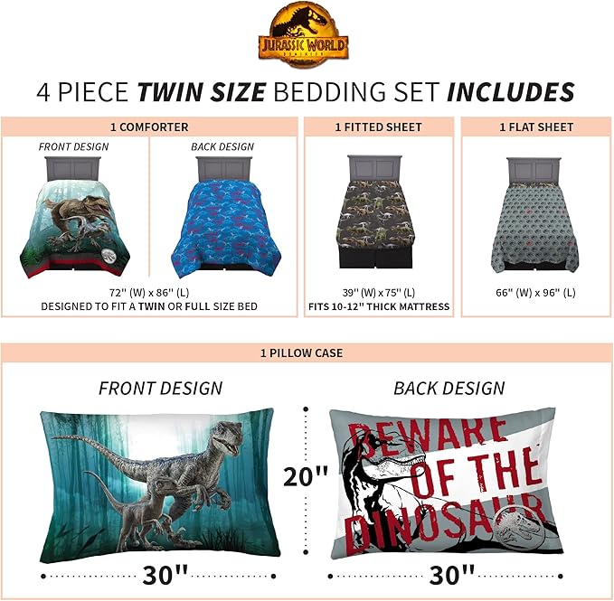 Jurassic World Dominion Blue Velociraptor and Rexy T-Rex Super Soft Microfiber Reversible Comforter, Twin Size, Bedding by Franco Kids - LeafyLoom