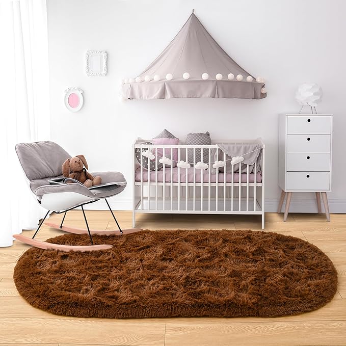 Noahas Ultra Soft Fluffy Bedroom Rugs,2.6' X 5.3' Oval Coffee Fluffy Rugs for Bedroom,Small Throw Rugs, Kids Room Carpet Modern Shaggy Area Rugs Home Decor - LeafyLoom
