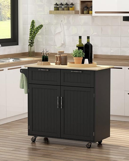 HOMCOM 41" Modern Rolling Kitchen Island on Wheels, Utility Cart Storage Trolley with Rubberwood Top & Drawers, Black - LeafyLoom