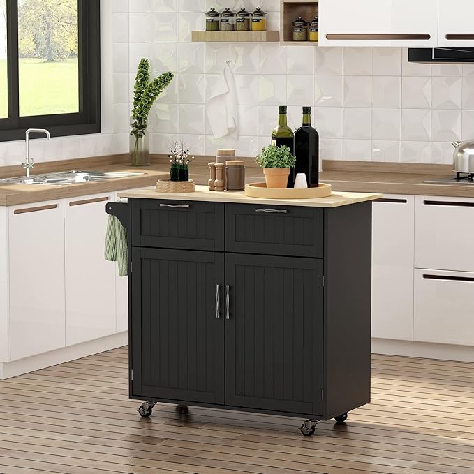 HOMCOM 41" Modern Rolling Kitchen Island on Wheels, Utility Cart Storage Trolley with Rubberwood Top & Drawers, Black - LeafyLoom