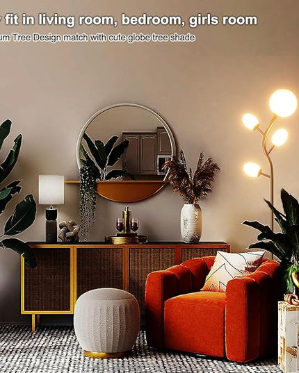 Modern Gold 4 Globe Floor Lamp for Living Room - Contemporary Tree Floor Lamp with White Frosted Glass Shade and LED Bulbs, Mid Century Modern Standing Lamp for Bedroom & Home Office - LeafyLoom