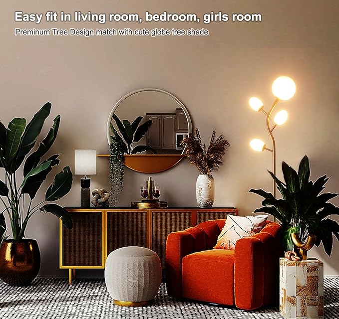 Modern Gold 4 Globe Floor Lamp for Living Room - Contemporary Tree Floor Lamp with White Frosted Glass Shade and LED Bulbs, Mid Century Modern Standing Lamp for Bedroom & Home Office - LeafyLoom