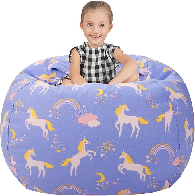 Aubliss Stuffed Animal Bean Bag Storage Chair (Light Blue Unicorn, X-Large (48'')) - LeafyLoom