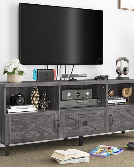 YITAHOME Mid-Century TV Stand for 70/65/60/55 inch, Boho Wood TV Table Farmhouse Media Console with Storage Cabinet and Open Shelves for Living Room, Bedroom, 65 inch, Grey - LeafyLoom