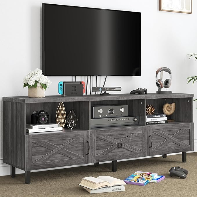 YITAHOME Mid-Century TV Stand for 70/65/60/55 inch, Boho Wood TV Table Farmhouse Media Console with Storage Cabinet and Open Shelves for Living Room, Bedroom, 65 inch, Grey - LeafyLoom
