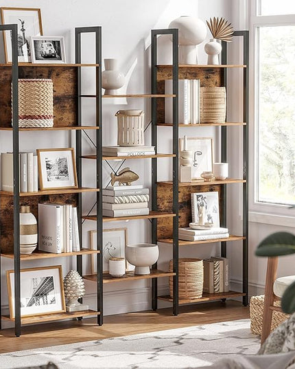 VASAGLE 5-Tier Bookcase with 14 Shelves, Book Shelf with Metal Frame, Bookshelf for Living Room, Home Office, Industrial Style, 9.4 x 62.2 x 65.4 Inches, Rustic Brown and Black ULLS107B01 - LeafyLoom