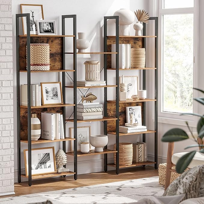 VASAGLE 5-Tier Bookcase with 14 Shelves, Book Shelf with Metal Frame, Bookshelf for Living Room, Home Office, Industrial Style, 9.4 x 62.2 x 65.4 Inches, Rustic Brown and Black ULLS107B01 - LeafyLoom