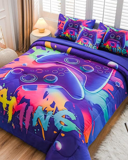 Aimuan Gamer Gaming Bedding Sets 3D Gamepad Comforter Sets for Boys Games Console Action Buttons Novelty Colorful Game Controller Modern Room Decor Home Quilt Set (Purple, Full 6PCS) - LeafyLoom