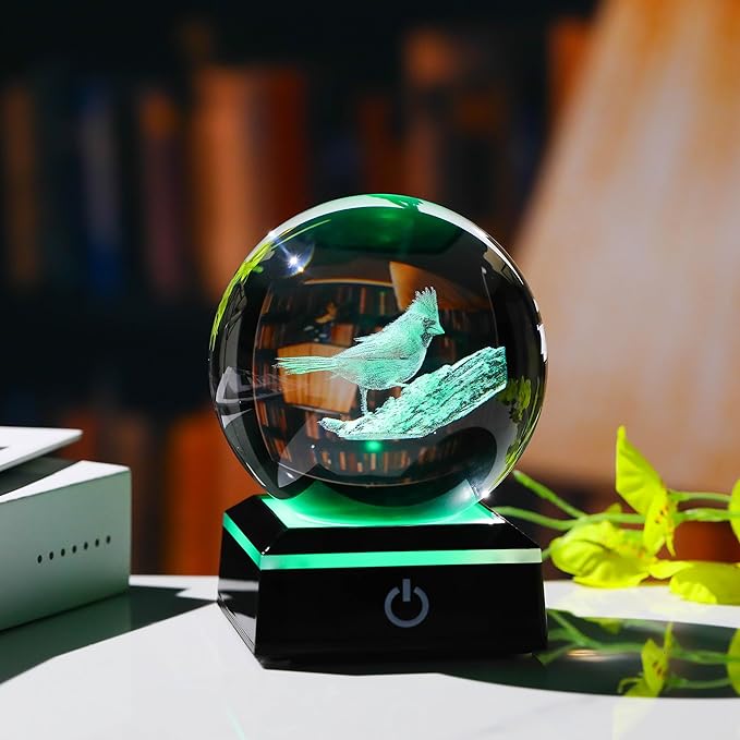 Qianwei Cardinal Gifts for Women Men Crystal Ball - 3D Laser Cardinal Decor Glass Animals Red Bird Figurines Statue Stuff for Room Decorations Cardinal Night Light - LeafyLoom