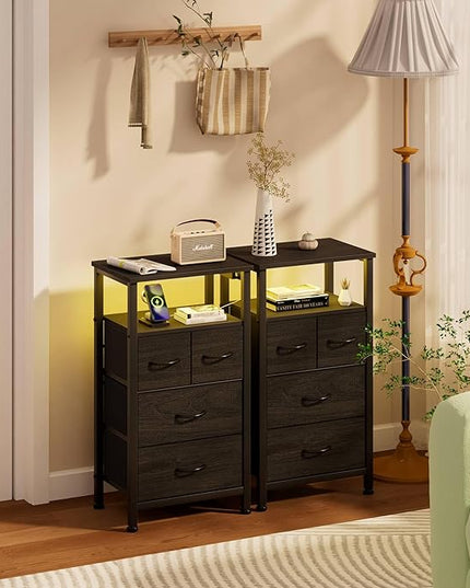 Furnulem Tall Night Stand with Charging Station and Led Light, Small Dresser with Open Shelf and 4 Storage Drawers, Black Side Table Fabric Nightstand for Bedroom, Entryway, Bedside Furniture - LeafyLoom