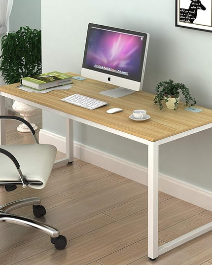SHW Home Office 55-Inch Large Computer Desk, 24" Deep, White Frame with Oak Top - LeafyLoom