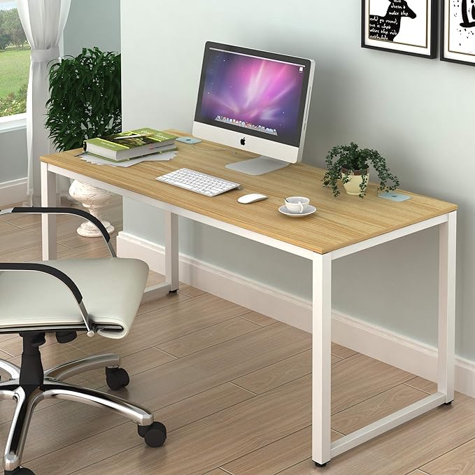 SHW Home Office 55-Inch Large Computer Desk, 24" Deep, White Frame with Oak Top - LeafyLoom