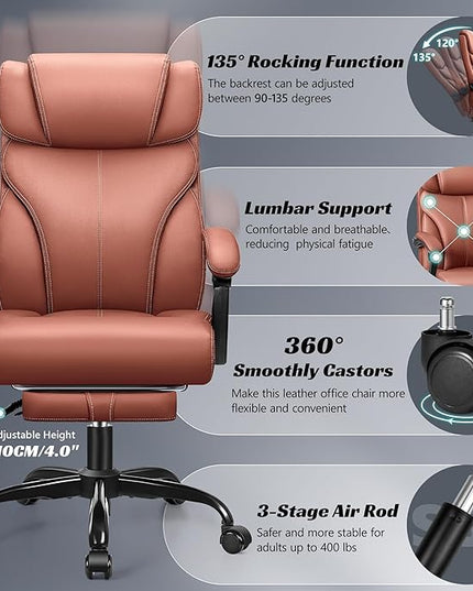 Office Chair, Executive Leather Chair Big and Tall Ergonomic Computer Desk Chair, Comfy Swivel Rolling Reclining Lumbar Support Task Chair with Adjustable High Back Foot Rest for Home Gaming - LeafyLoom