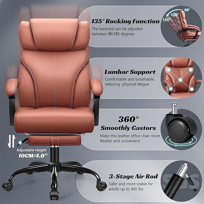 Office Chair, Executive Leather Chair Big and Tall Ergonomic Computer Desk Chair, Comfy Swivel Rolling Reclining Lumbar Support Task Chair with Adjustable High Back Foot Rest for Home Gaming - LeafyLoom