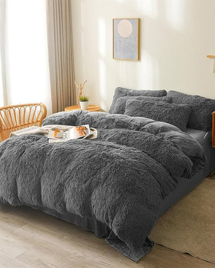 FOPPA Dark grey fluffy Comforter Cover Set king- Ultra Soft fluffy Dark grey Bedding Sets 3 Pieces (1 Duvet Cover + 2 Pillow case) Dark grey fluffy bed set (Dark Grey, King) - LeafyLoom