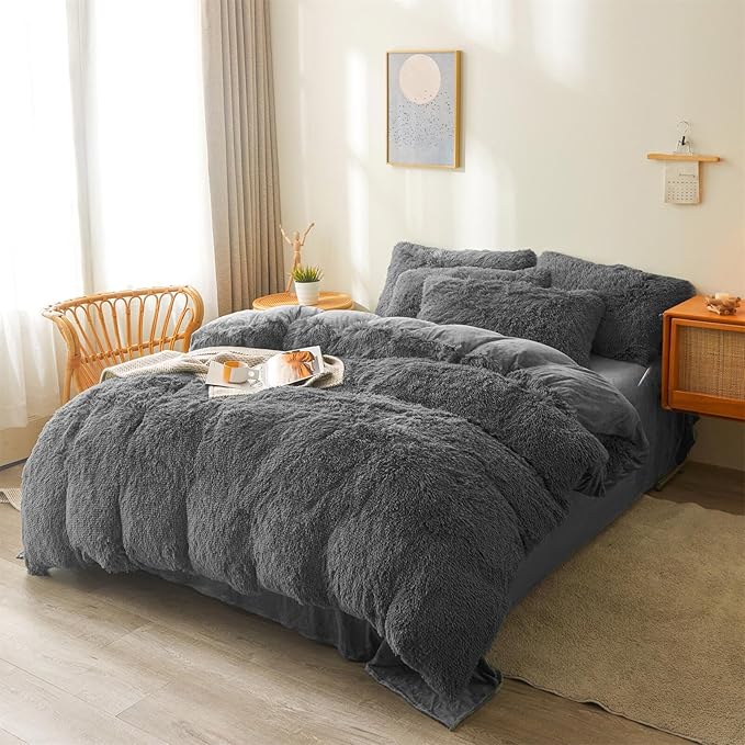 Fluffy dark grey comforters Cover twin size - Ultra Soft Plush dark grey bedding Sets 2 Pieces (1 faux fur comforter Cover + 1 fuzzy pillow case) girls shaggy dark grey twin bed set (Dark Grey, Twin) - LeafyLoom