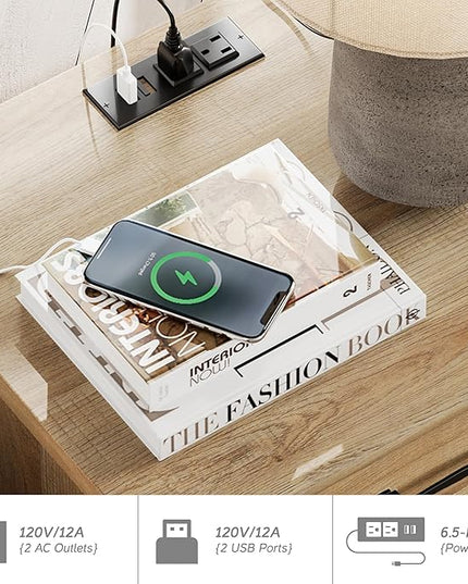 WAMPAT 2 Pack End Table with Charging Station, Wood Side Table with Drawer and Storage Cabinet, Modern End Table with Power outlets USB Ports for Living Room Bedroom, Oak - LeafyLoom