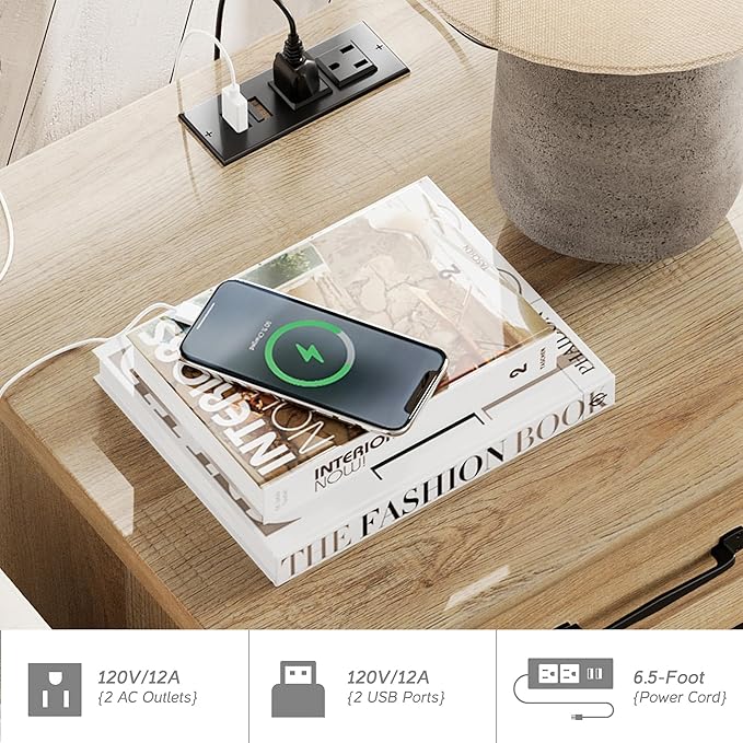 WAMPAT 2 Pack End Table with Charging Station, Wood Side Table with Drawer and Storage Cabinet, Modern End Table with Power outlets USB Ports for Living Room Bedroom, Oak - LeafyLoom
