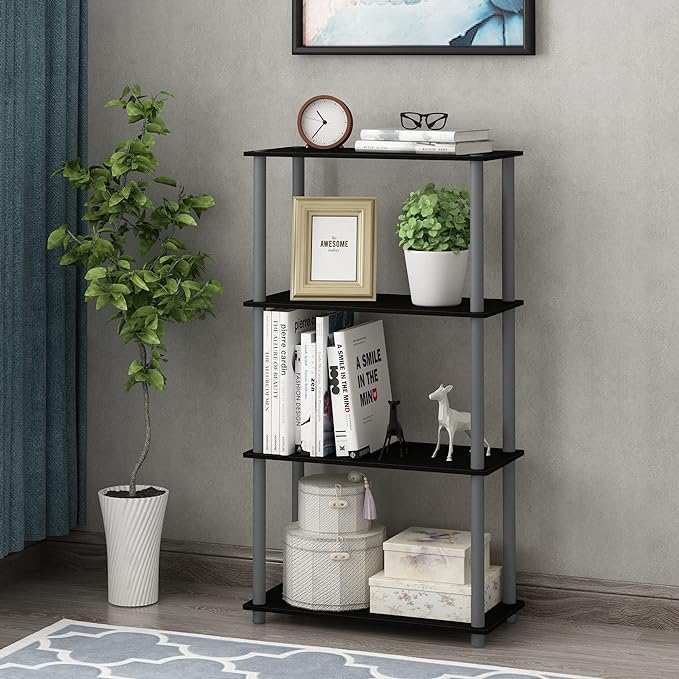 Furinno (99557BK/GY) Turn-N-Tube 4-Tier Multipurpose Shelf Display Rack - Black/Grey - LeafyLoom