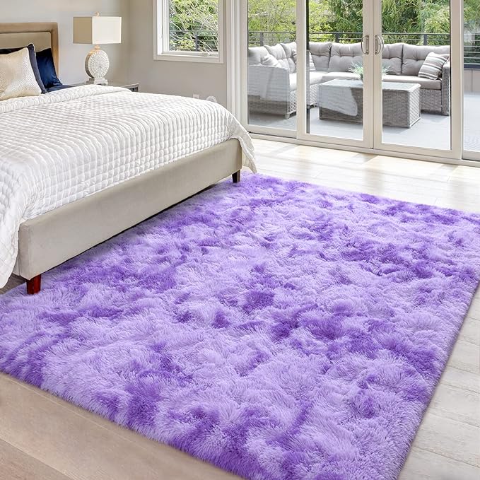 5x8 Large Area Rugs for Living Room, Super Soft Fluffy Modern Bedroom Rug, Tie-Dyed Purple Indoor Shag Fuzzy Carpets for Girls Kids Nursery Room Home Decor - LeafyLoom