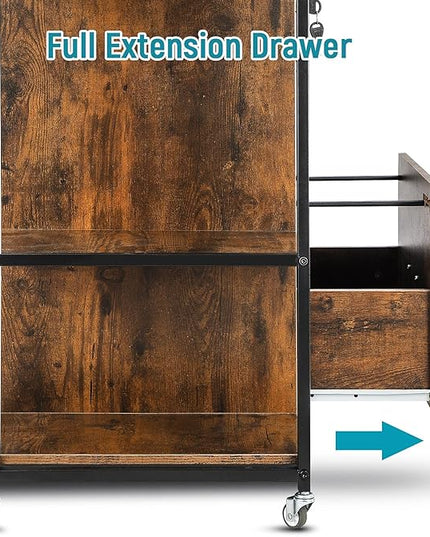 Lateral File Cabinet, 2 Drawer Mobile Filing Cabinet with Outlet, Open Storage Side Shelves, Locking Drawer Fits A4/Letter/Legal Size File Cabinets for Home Office, Brown - LeafyLoom