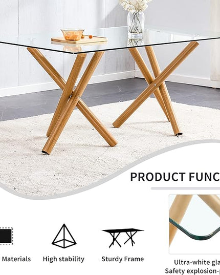 Modern Glass Table with Rectangular Tempered Tabletop,Dinner Desk Set for 6-8 people W, Home,Kitchen,Dining Room,Office,Wood+Clear Finish, 71" Chrome Metal Legs - LeafyLoom