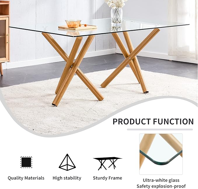 Modern Glass Table with Rectangular Tempered Tabletop,Dinner Desk Set for 6-8 people W, Home,Kitchen,Dining Room,Office,Wood+Clear Finish, 71" Chrome Metal Legs - LeafyLoom