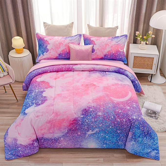 A Nice Night Galaxy Bedding Sets Outer Space Comforter 3D Printed Space Quilt Set Full 6Pcs Glitter Pink,for Children Boy Girl Teen Kids - LeafyLoom