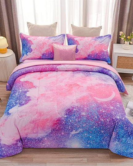 A Nice Night Galaxy Bedding Sets Outer Space Comforter 3D Printed Space Quilt Set Queen 6Pcs Glitter Pink,for Children Boy Girl Teen Kids - LeafyLoom