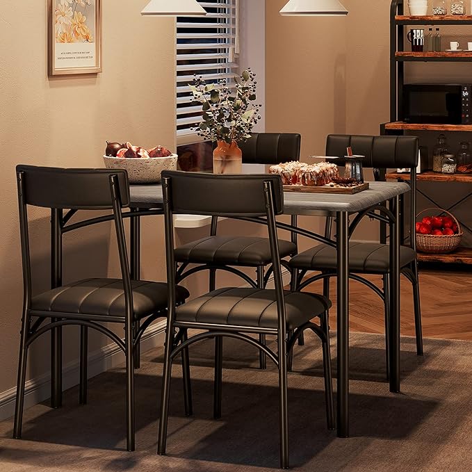 IDEALHOUSE Dining Table Set for 4, Kitchen Table and Chairs for 4, Rectangular Dining Room Table Set with 4 Upholstered Chairs, 5 Piece Kitchen Table Set for Small Space, Apartment, Retro Grey - LeafyLoom