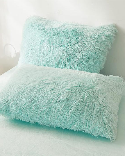 FOPPA Green Comforter Cover Set - Ultra Soft Plush Bedding Sets 3 Pieces (1 Faux Fur Duvet Cover + 2 Faux Fur Pillow case) Green Bed Set(Mint Green, Queen) - LeafyLoom