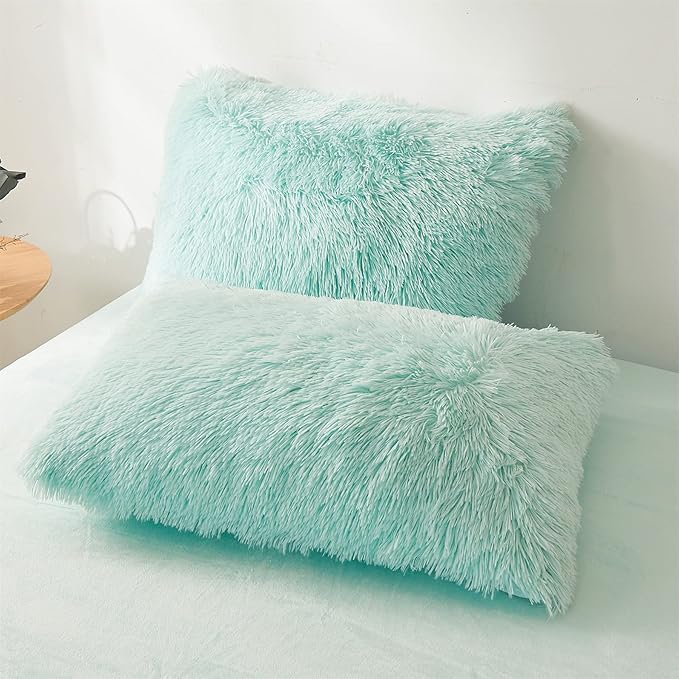 FOPPA Green Comforter Cover Set - Ultra Soft Plush Bedding Sets 3 Pieces (1 Faux Fur Duvet Cover + 2 Faux Fur Pillow case) Green Bed Set(Mint Green, Queen) - LeafyLoom