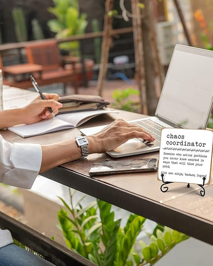 Chaos Coordinator Home Office Desk Decor Wood Plaque with Stand, Unique Gift Idea for Boss Women, Best Mom, Coworker, Teacher, School Counselor Therapy Office Decor -A13 - LeafyLoom