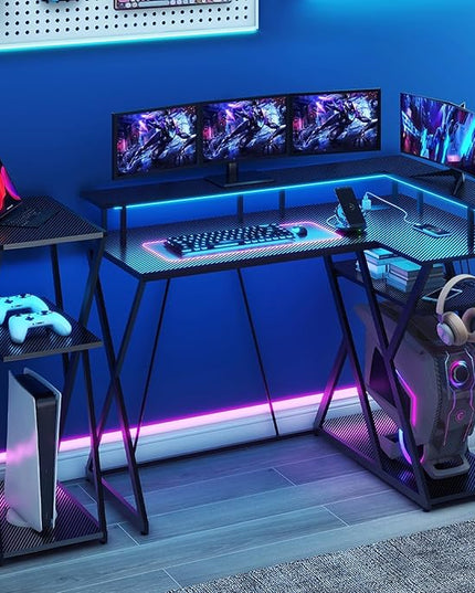 47 Inch L Shaped Gaming Desk L Desk Gaming Desk with Led Lights Computer Desk with Power Outlets Gaming Table Corner Desk for Bedroom Small Desk for Home Office,Black - LeafyLoom