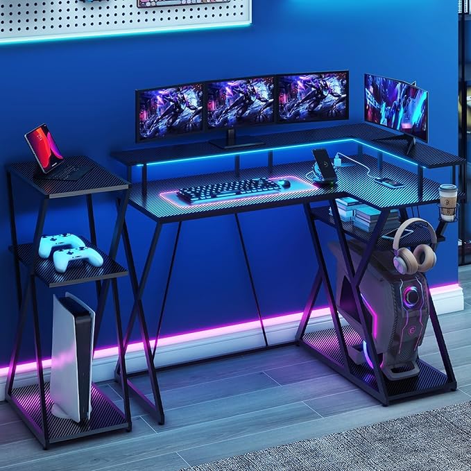 47 Inch L Shaped Gaming Desk L Desk Gaming Desk with Led Lights Computer Desk with Power Outlets Gaming Table Corner Desk for Bedroom Small Desk for Home Office,Black - LeafyLoom