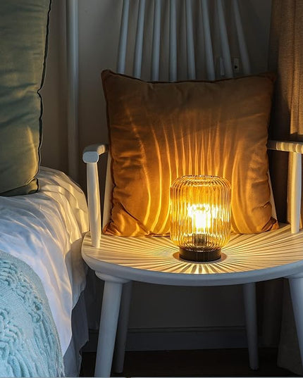Battery Operated Lamp, Cordless Table Lamps for Home Decor, Battery Powered Nightlight with LED Bulb, Decorative Glass Beside Lamp for Bedroom Living Room-Gold - LeafyLoom