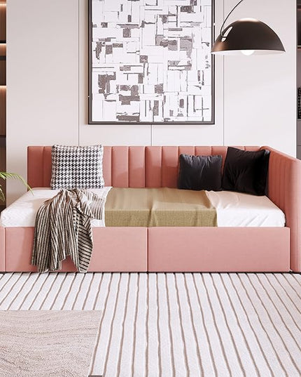 Twin Size Upholstered Daybed with 2 Storage Drawers,Solid Wood Sofa Bed Frame W/Linen Fabric Backrest,No Box Spring Needed,for Living Room Bedroom Apartment Pink - LeafyLoom