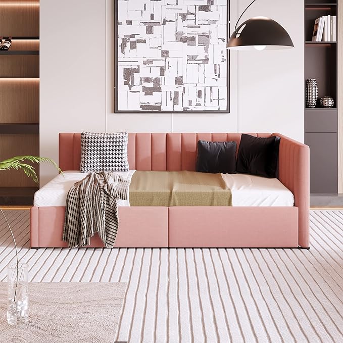 Twin Size Upholstered Daybed with 2 Storage Drawers,Solid Wood Sofa Bed Frame W/Linen Fabric Backrest,No Box Spring Needed,for Living Room Bedroom Apartment Pink - LeafyLoom