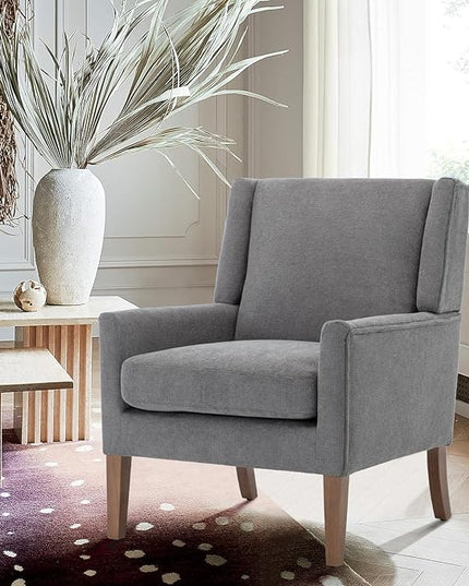 COLAMY Modern Wingback Living Room Chair, Upholstered Fabric Accent Armchair, Single Sofa chair with Lounge Seat and Wood Legs for Bedroom/Office/Reading Spaces, Gery - LeafyLoom