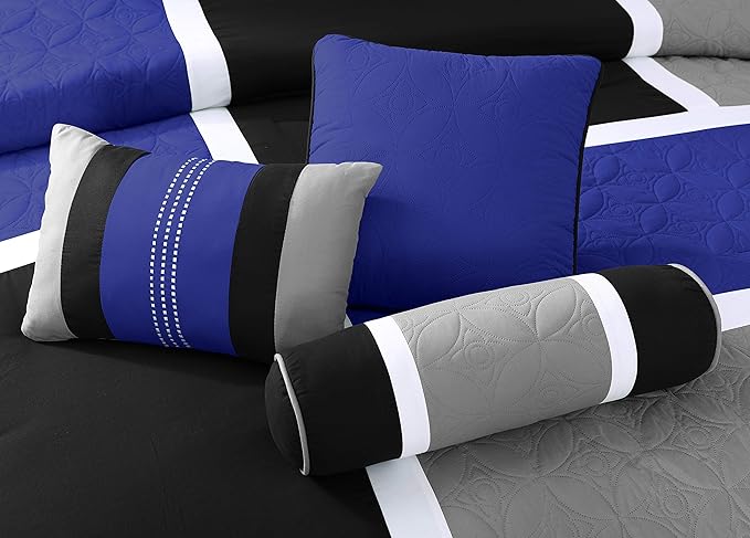 Chezmoi Collection Upland 7-Piece Quilted Patchwork Comforter Set, Blue/Black/Gray, King - LeafyLoom