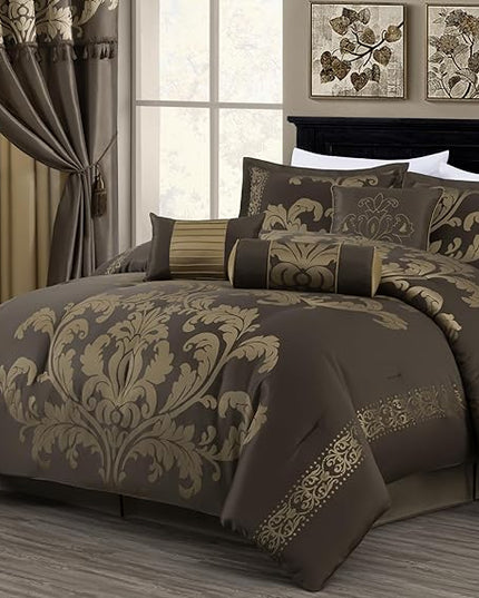 Chezmoi Collection Royale 7-Piece Jacquard Floral Comforter Set, Oversized King, Coffee/Gold - LeafyLoom