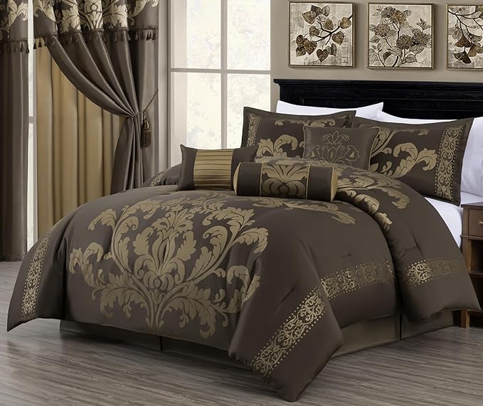 Chezmoi Collection Royale 7-Piece Jacquard Floral Comforter Set, Oversized Queen, Coffee/Gold - LeafyLoom